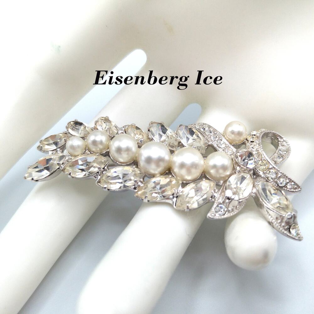 Eisenberg Ice Vintage Wedding Brooch, Faux Pearls, Rhodium Plated, 1960s